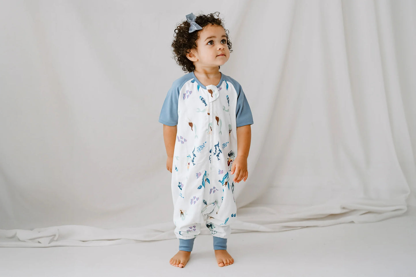 Short Sleeve Footed Sleep Bag 0.6 TOG (Bamboo Pima) - Splish Splash