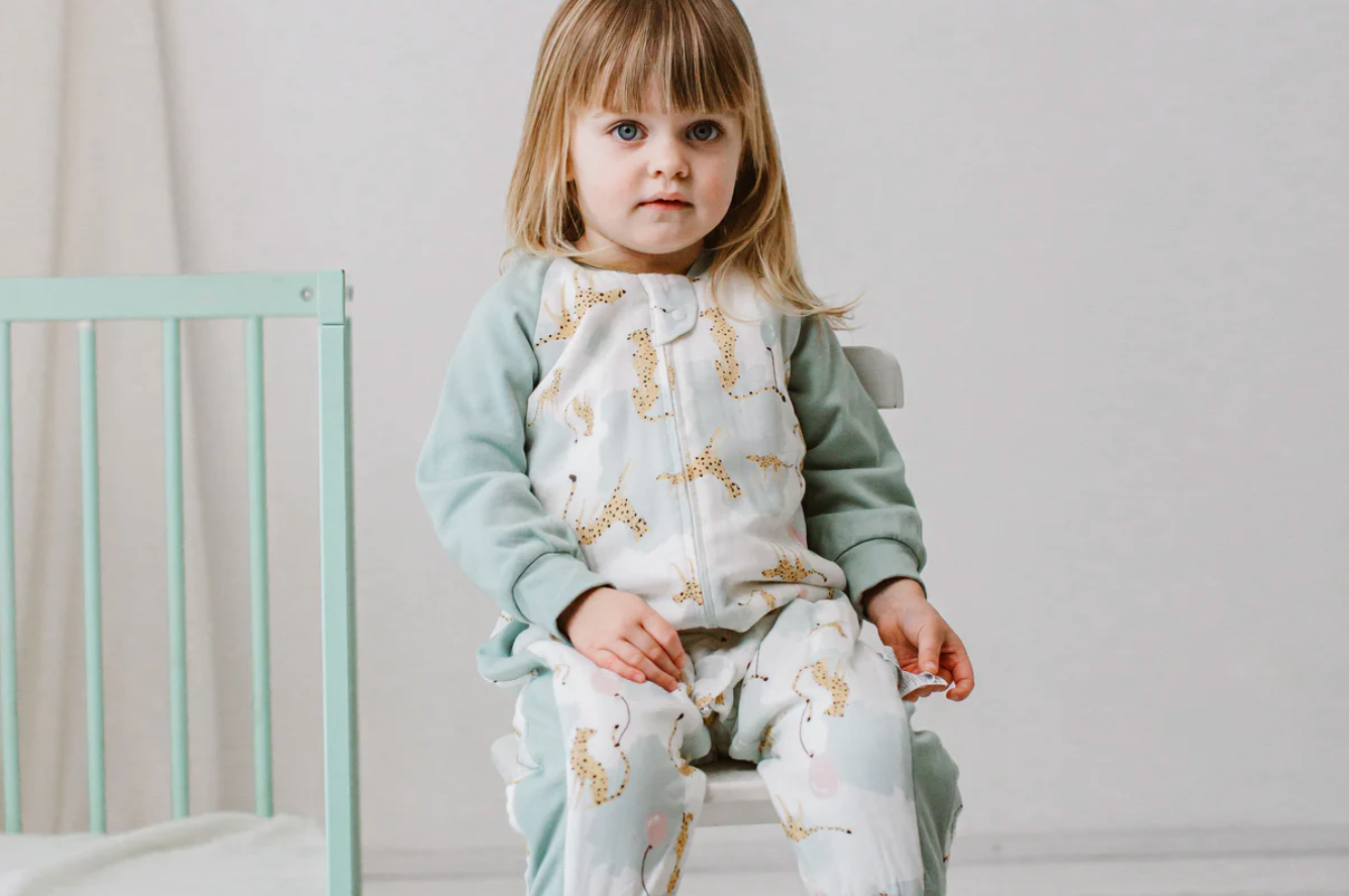 Raglan Long Sleeve Footed Sleep Bag 2.5 TOG (Bamboo) - Cheetah Party