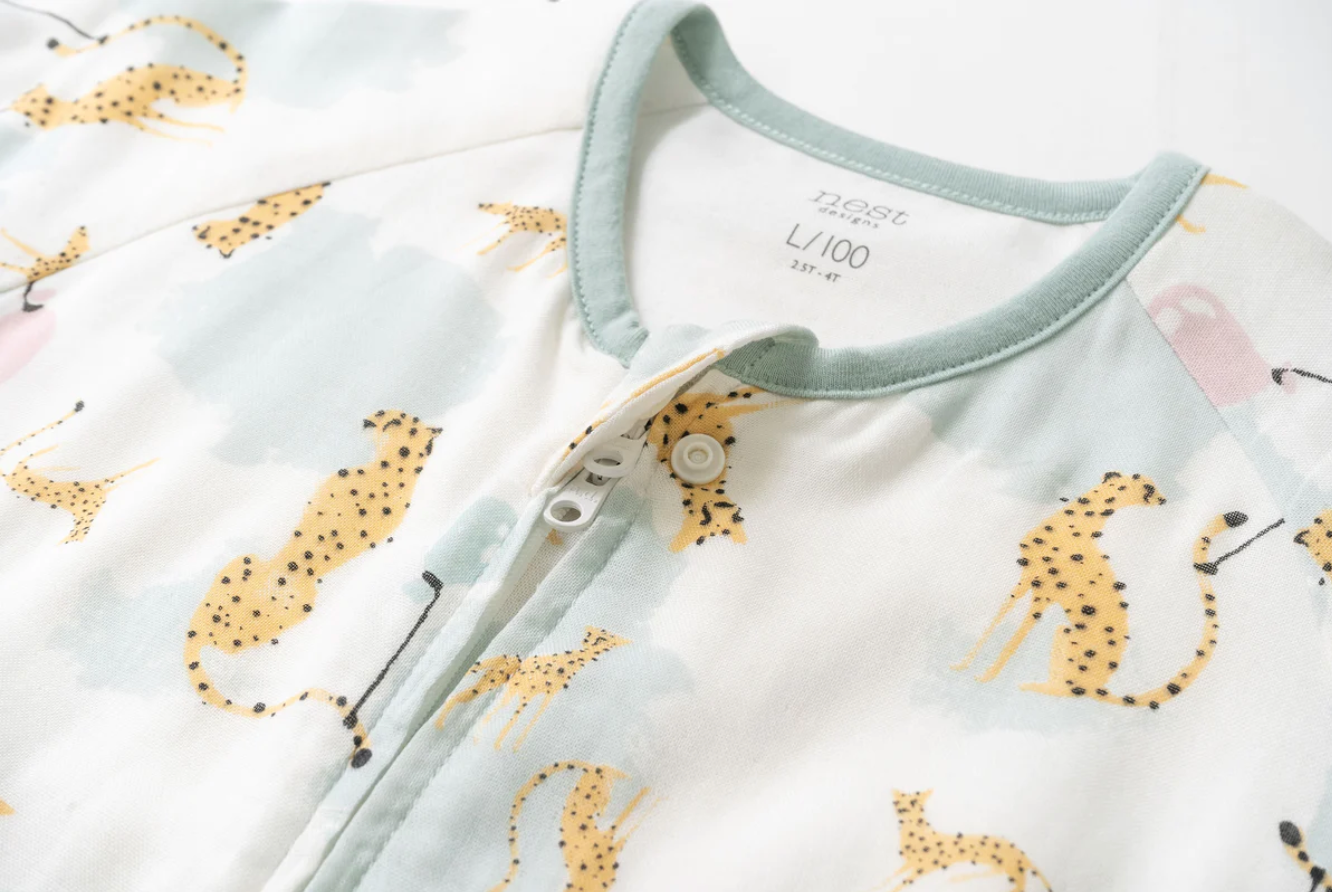 Long Sleeve Footed Sleep Bag 0.6 TOG (Bamboo Pima) - Cheetah Party