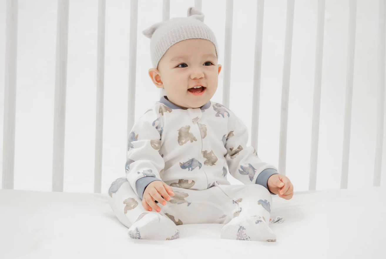 One-Piece Zip Footed Sleeper (Organic Cotton) - Rhino Hippo