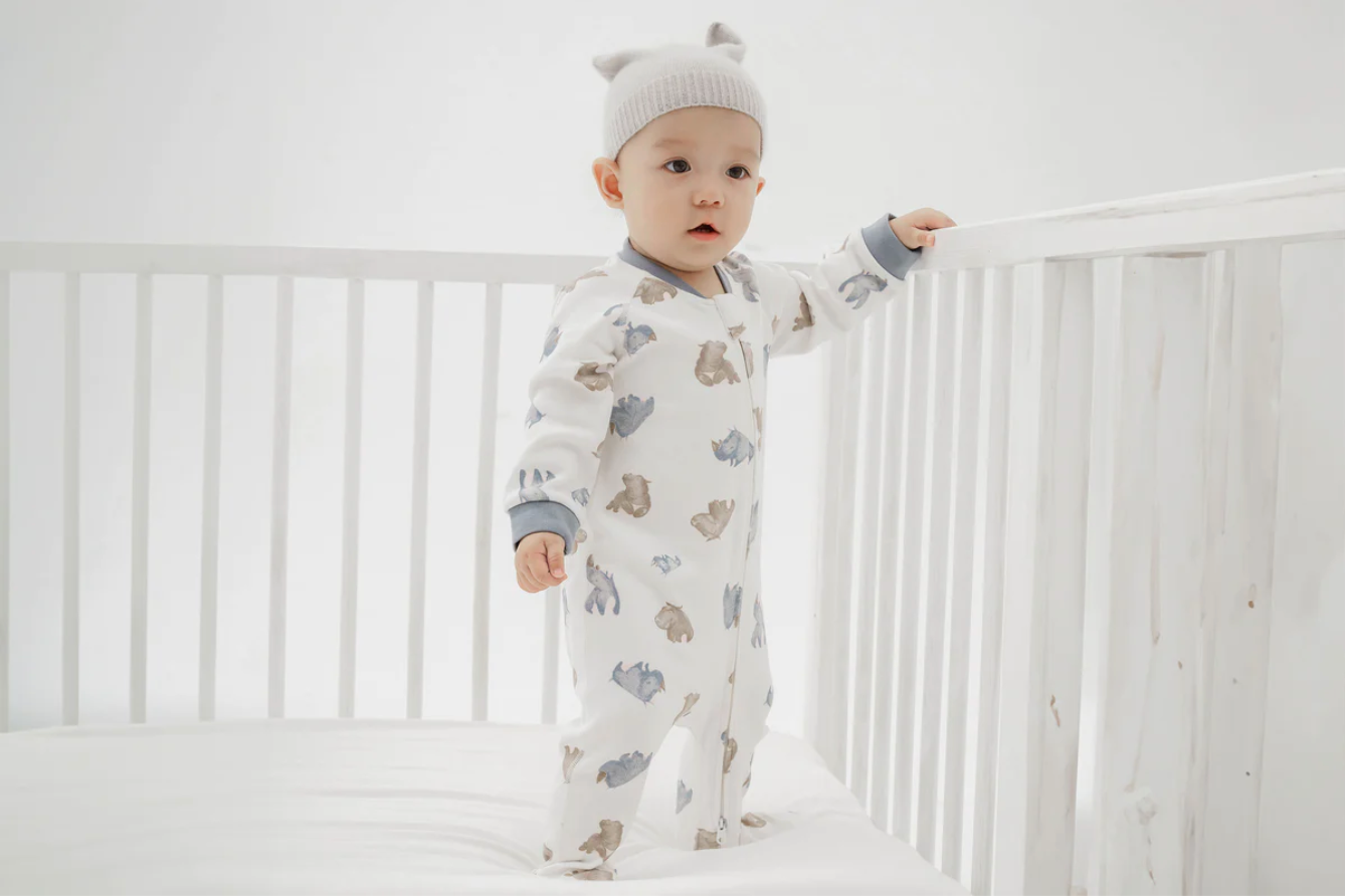 One-Piece Zip Footed Sleeper (Organic Cotton) - Rhino Hippo