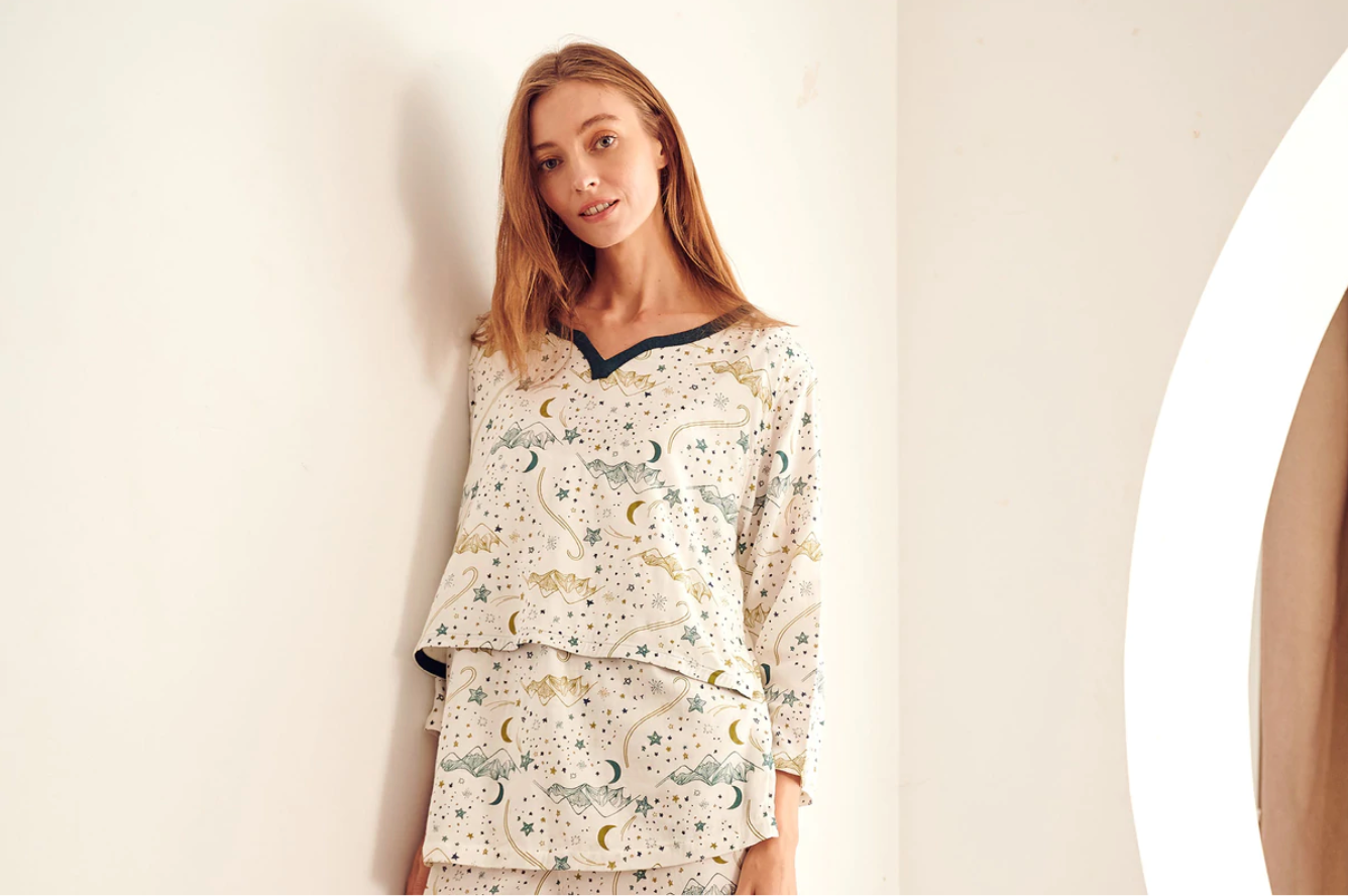 Women's Bamboo Pima 3/4 Sleeve Nursing PJ Set - Stars White