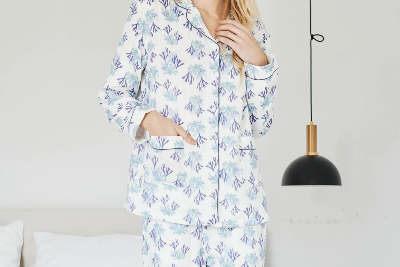 Women's Bamboo Long Sleeve Button-up PJ Set - Blue Reef