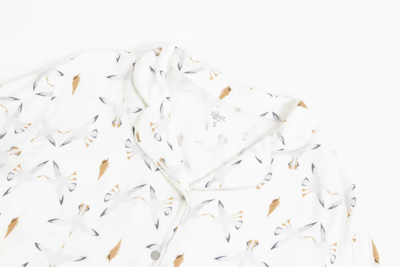 Women's Bamboo Pima Long Sleeve Button-up PJ Set - Seagulls & Seashells