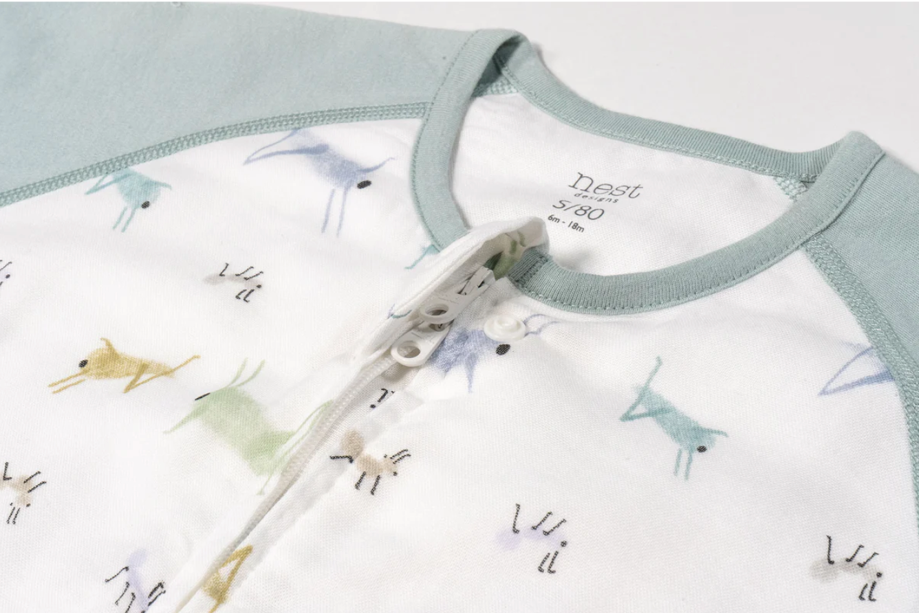 Raglan Bamboo Pima Short Sleeve Footed Sleep Bag 0.6 TOG -The Ant & The Grasshopper