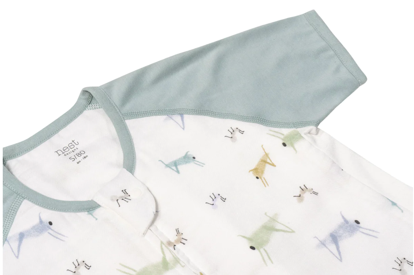 Raglan Bamboo Pima Short Sleeve Footed Sleep Bag 0.6 TOG -The Ant & The Grasshopper