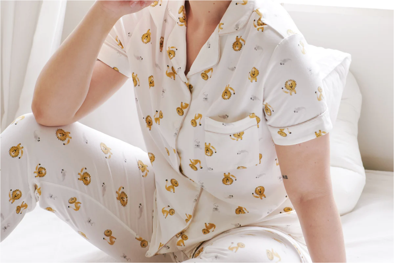 Women's Bamboo Jersey Short Sleeve Button-up PJ Set - The Lion & The Mouse