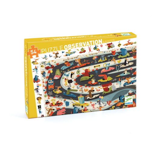 DJECO Automobile Rally 54pc Observation Jigsaw Puzzle + Poster